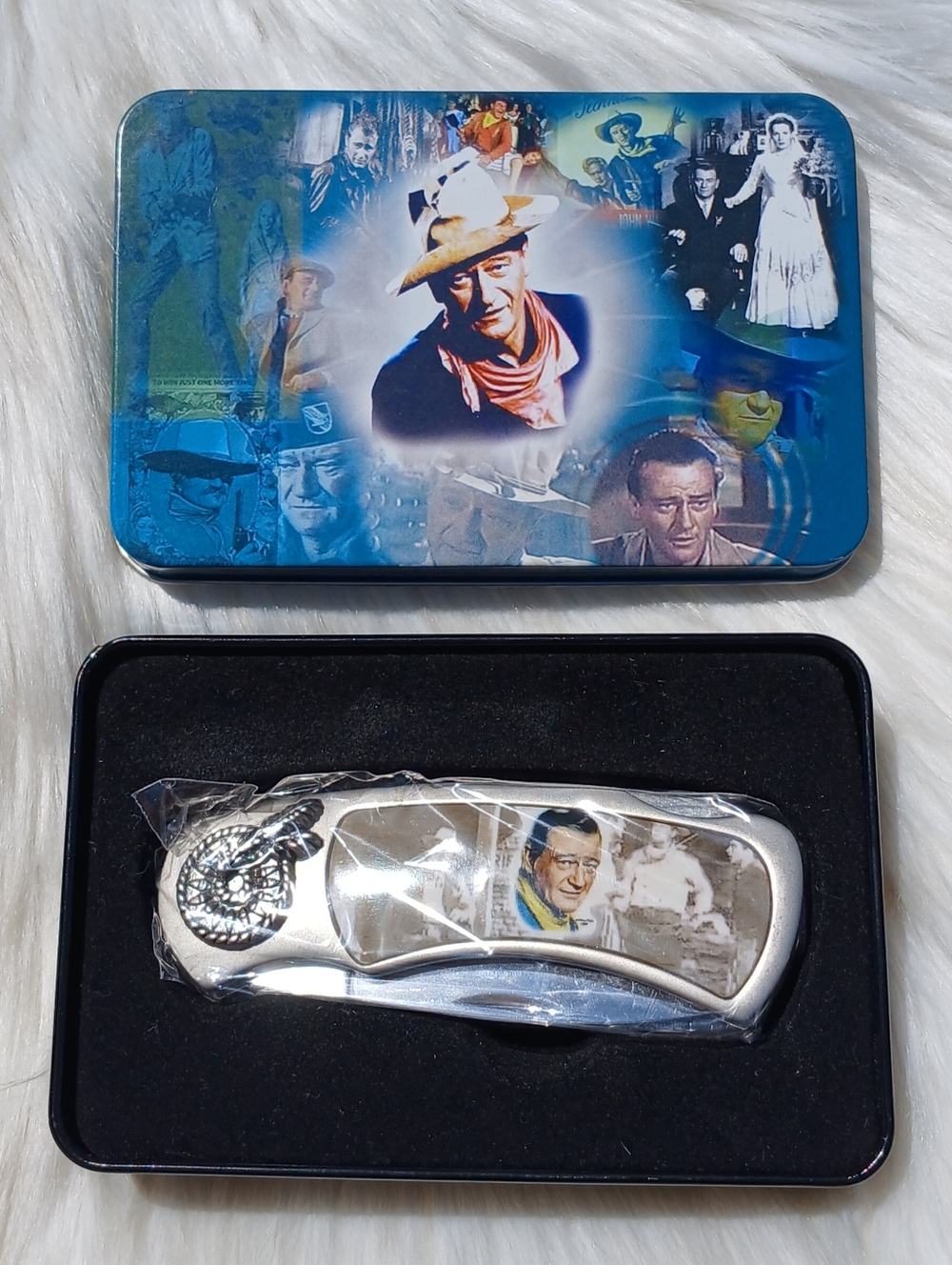 John Wayne Decorative Collectible with Tin Box Container Metal Vintage Western